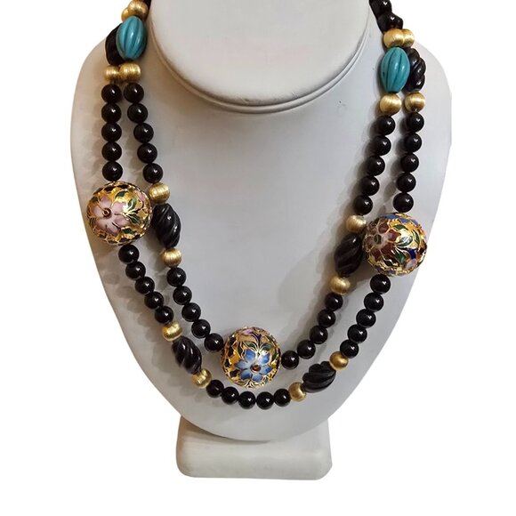 Vintage Jewelry - Vintage Signed Glass And Cloisonne Beautiful Double Strand Necklace (A9425)